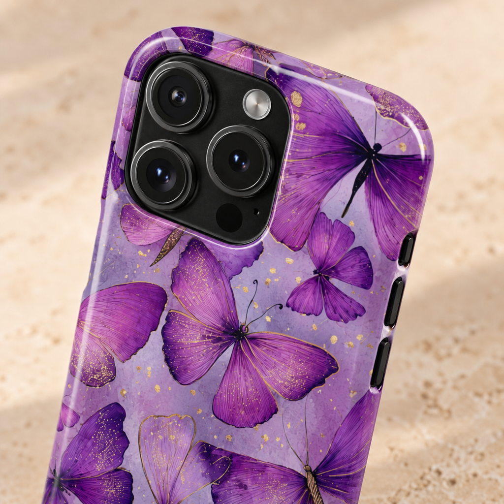 Violet Butterfly protective phone case, layered violet butterflies, lifestyle close-up of the camera