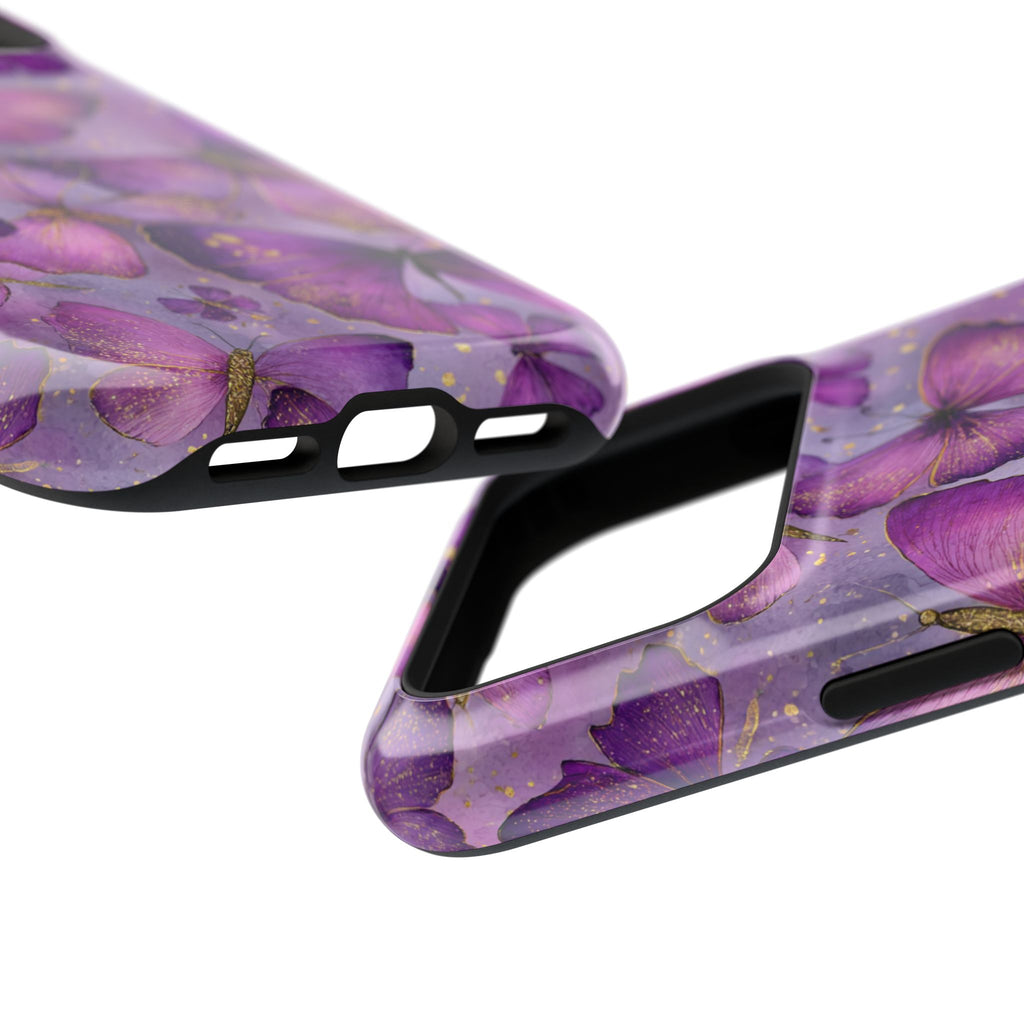 Violet Butterfly protective phone case, close-up at an angle