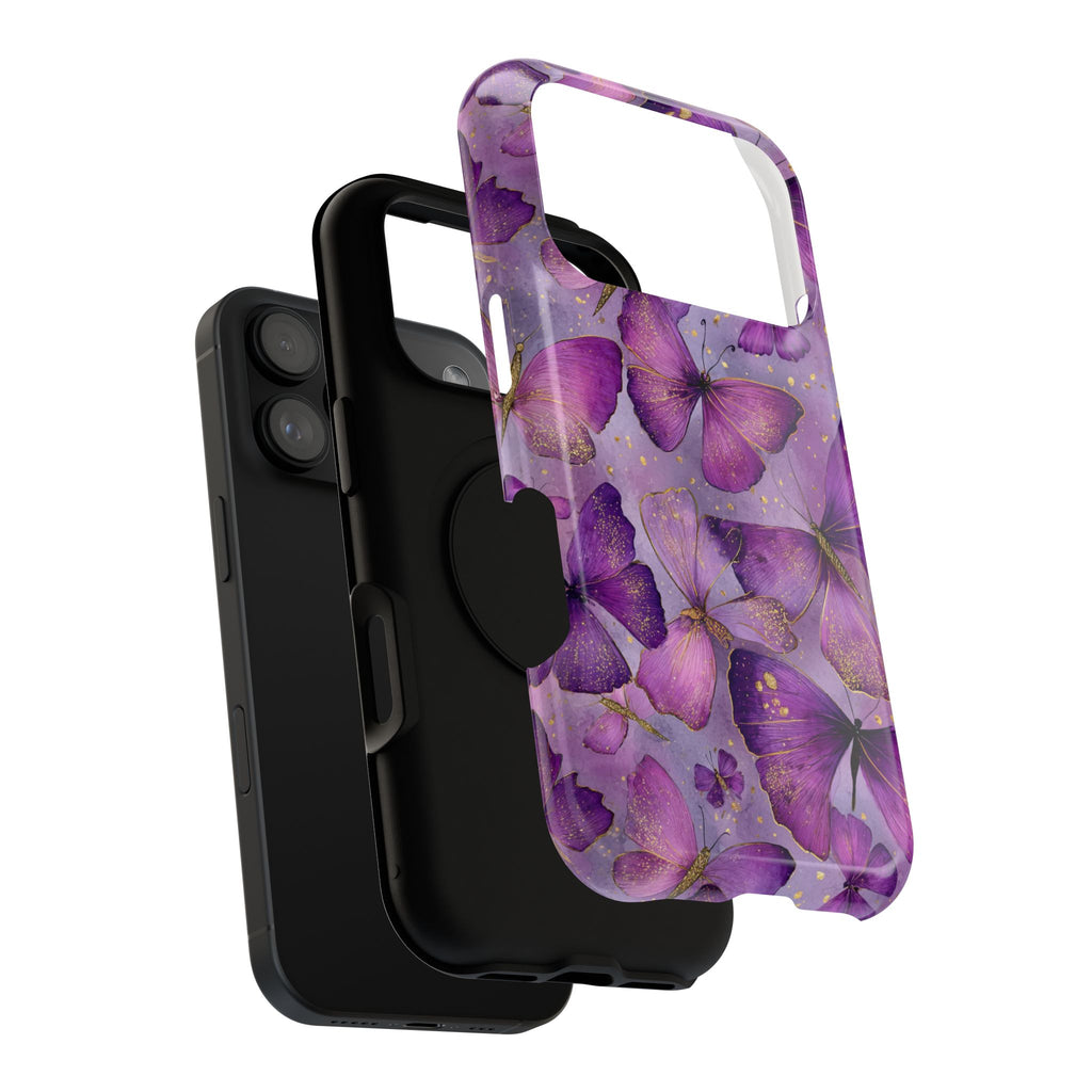 Violet Butterfly protective phone case, close-up of the dual-layer construction