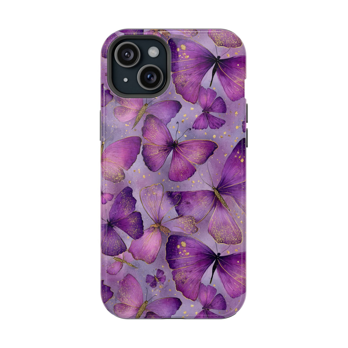 Violet Butterfly MagSafe case for iPhone 15 Plus, glossy finish