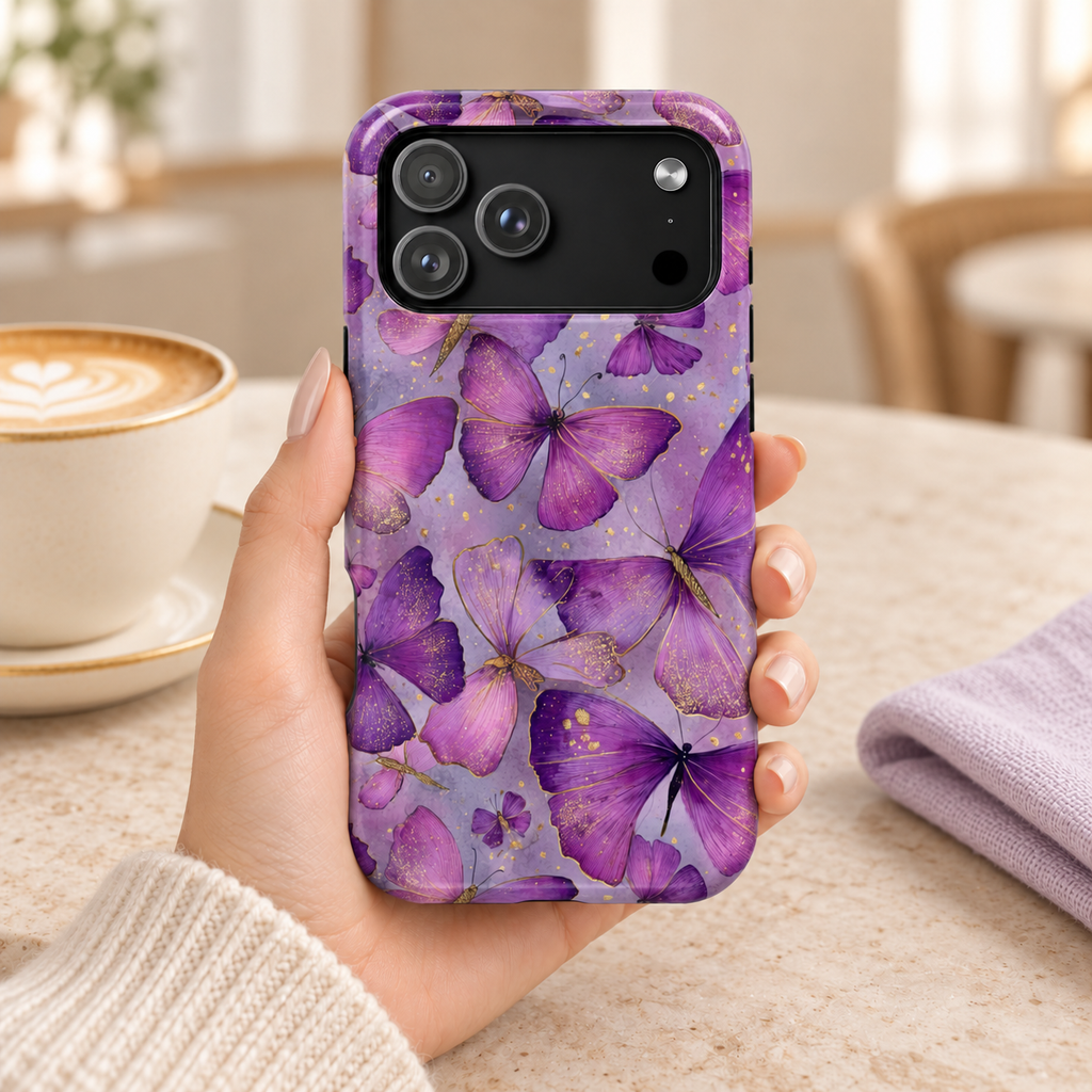 Violet Butterfly MagSafe case, layered violet butterflies, lifestyle photo in hand with coffee