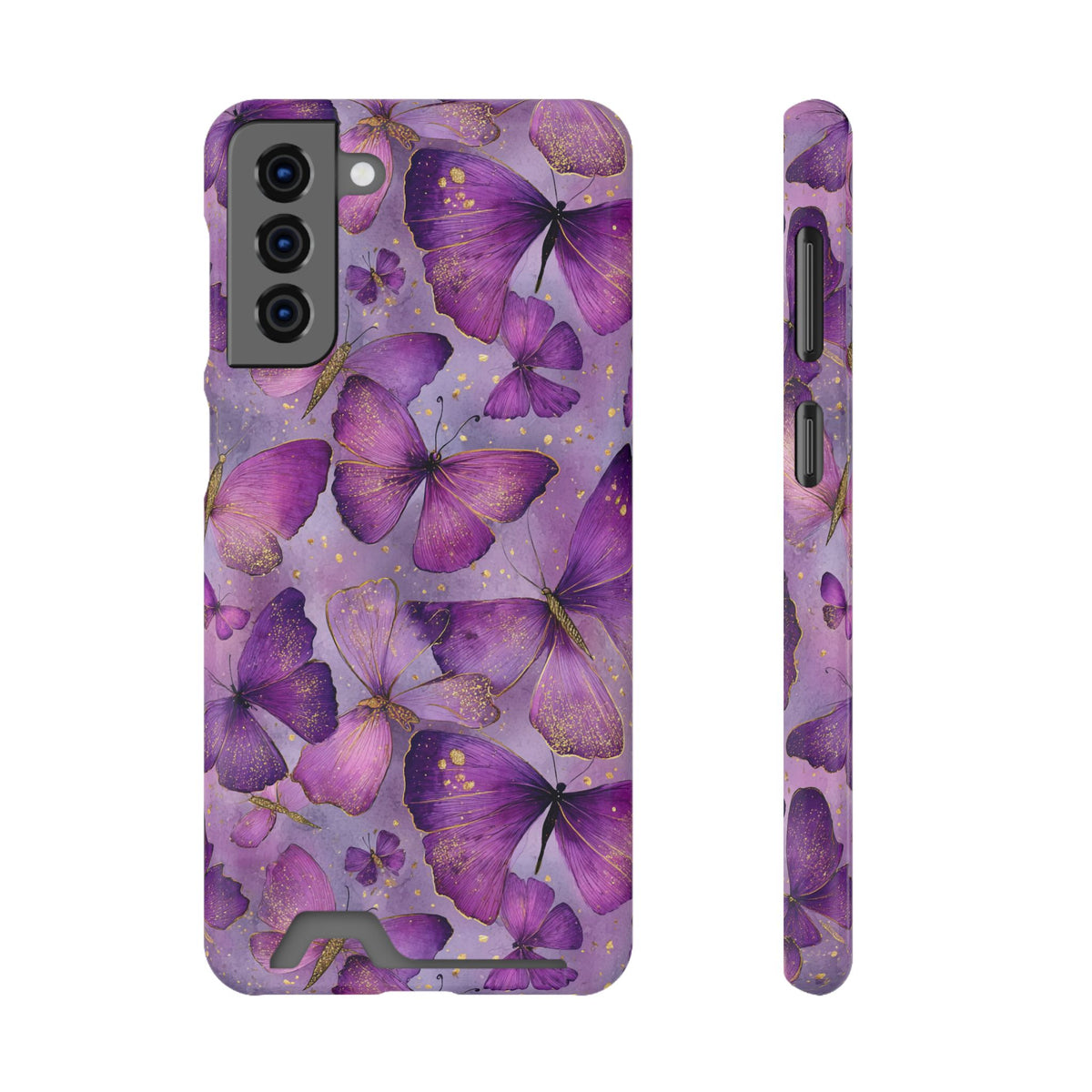 Violet Butterfly phone case with card holder for Samsung Galaxy S21 Plus, glossy finish