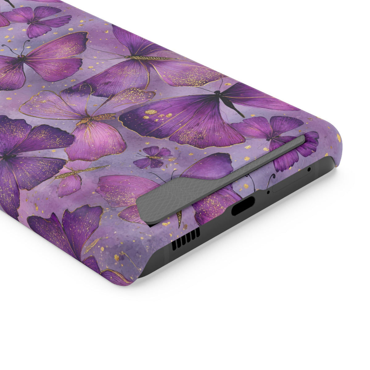Violet Butterfly phone case with card holder for Samsung Galaxy S21 Ultra, glossy finish