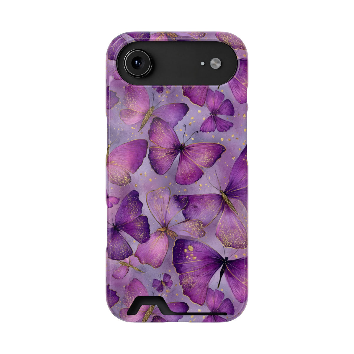 Violet Butterfly phone case with card holder for iPhone 17 Air, glossy finish
