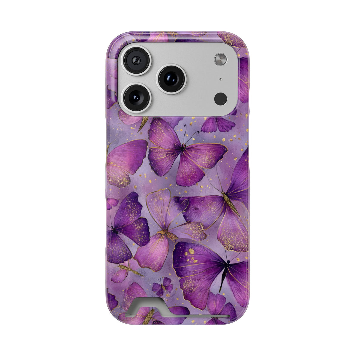 Violet Butterfly phone case with card holder for iPhone 17 Pro, glossy finish