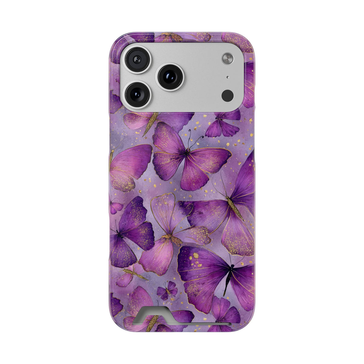 Violet Butterfly phone case with card holder for iPhone 17 Pro Max, glossy finish