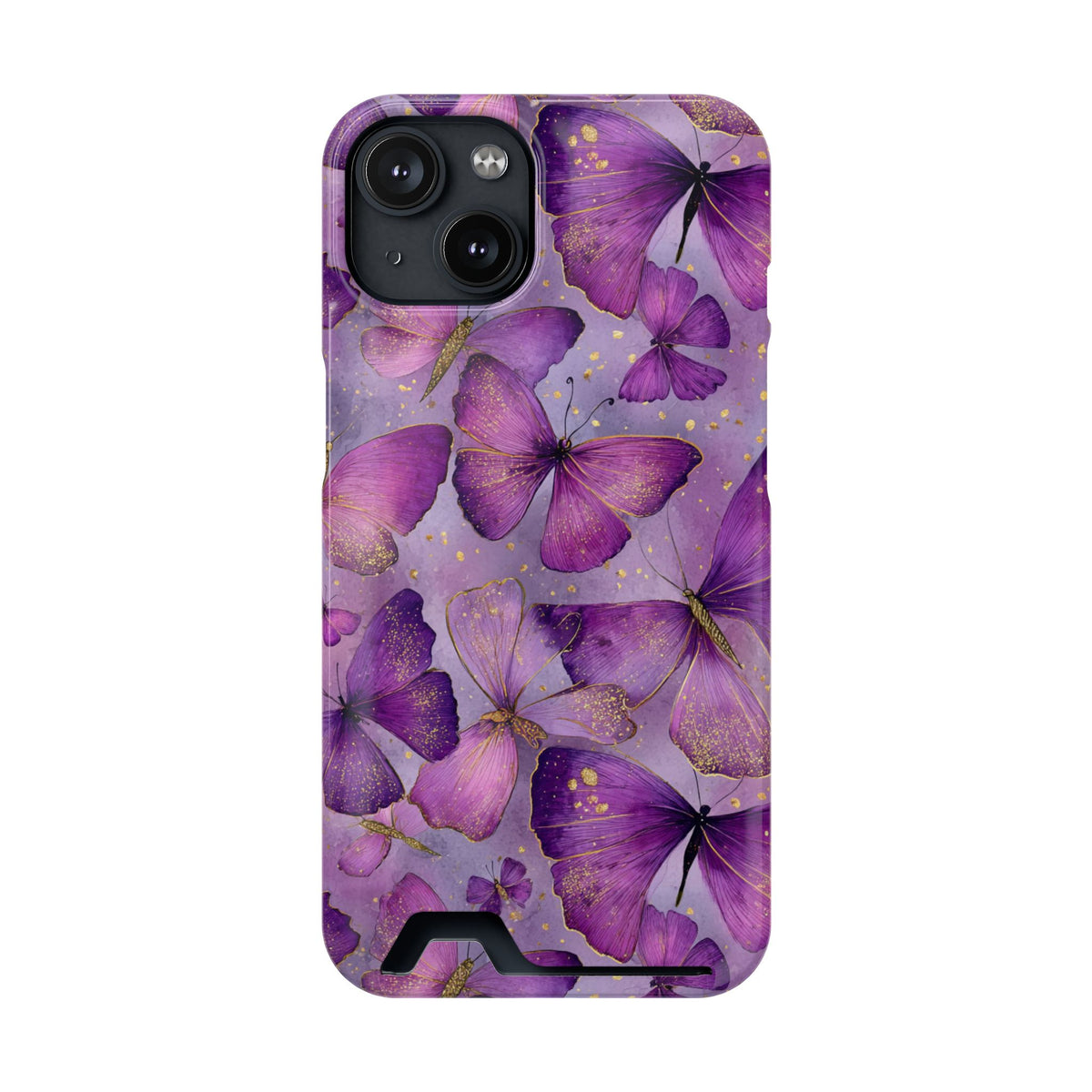 Violet Butterfly phone case with card holder for iPhone 14, glossy finish