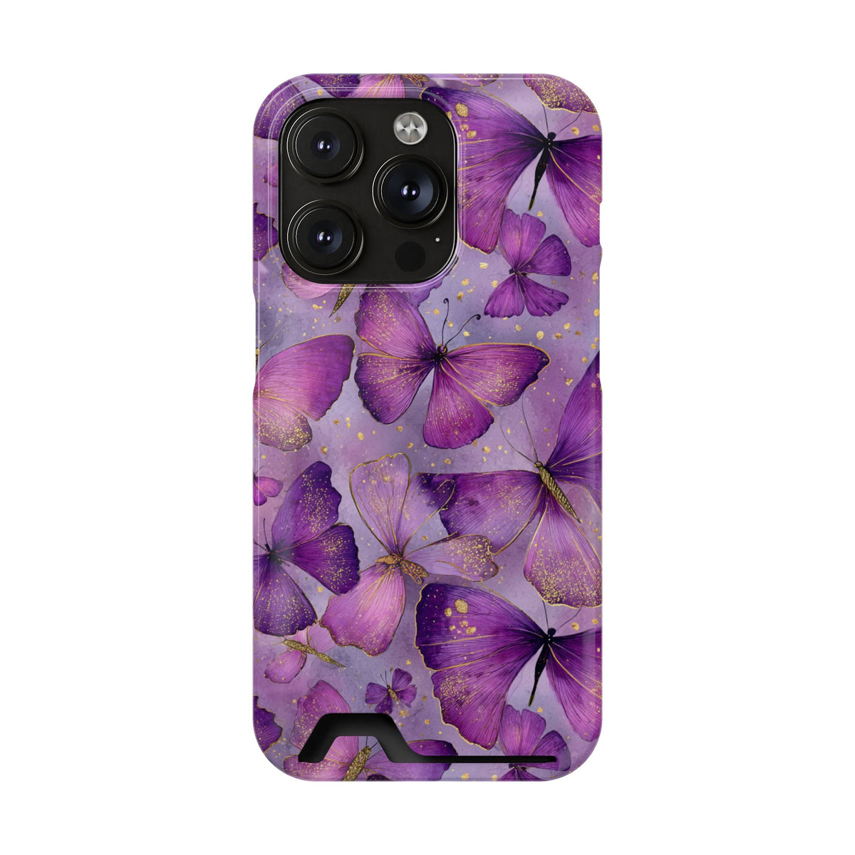 Violet Butterfly phone case with card holder for iPhone 14 Pro, glossy finish