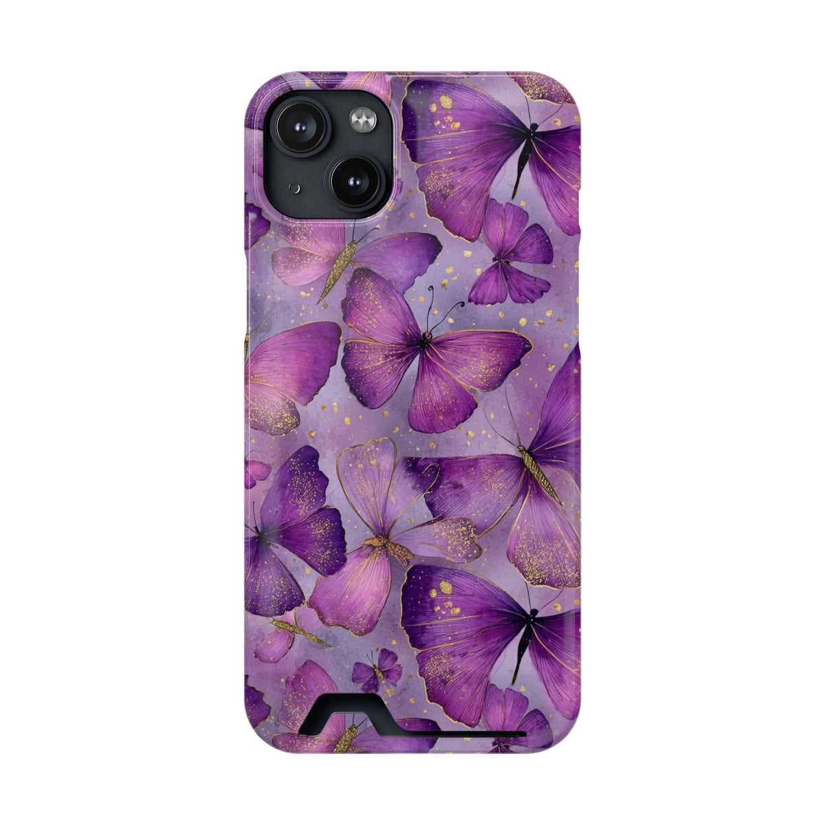 Violet Butterfly phone case with card holder for iPhone 14 Plus, glossy finish