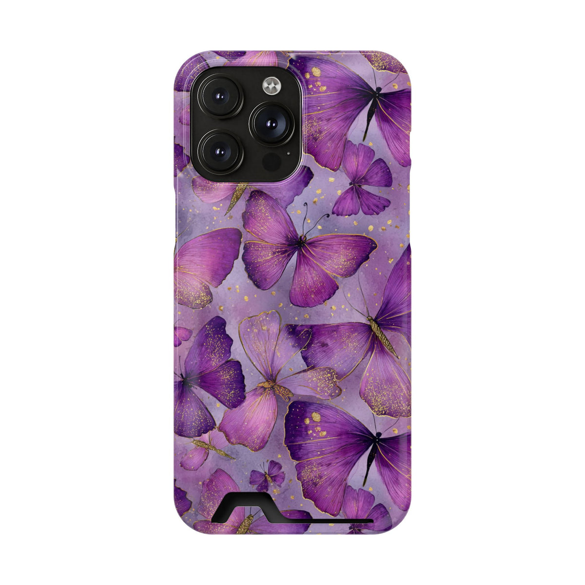 Violet Butterfly phone case with card holder for iPhone 14 Pro Max, glossy finish