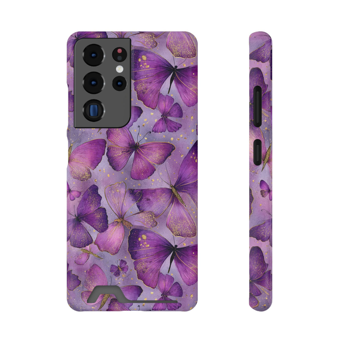 Violet Butterfly phone case with card holder for Samsung Galaxy S22 Plus, glossy finish