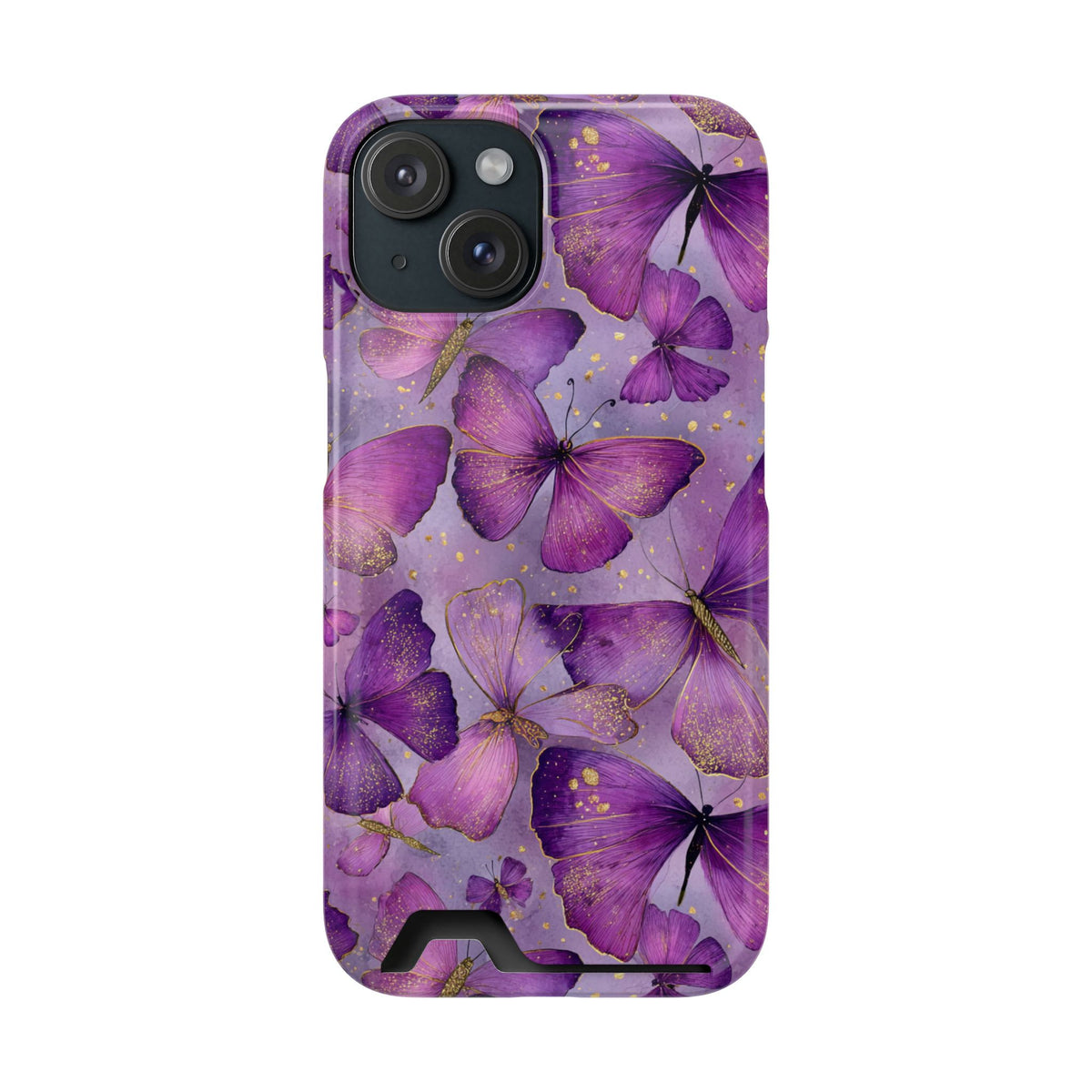 Violet Butterfly phone case with card holder for iPhone 15, glossy finish