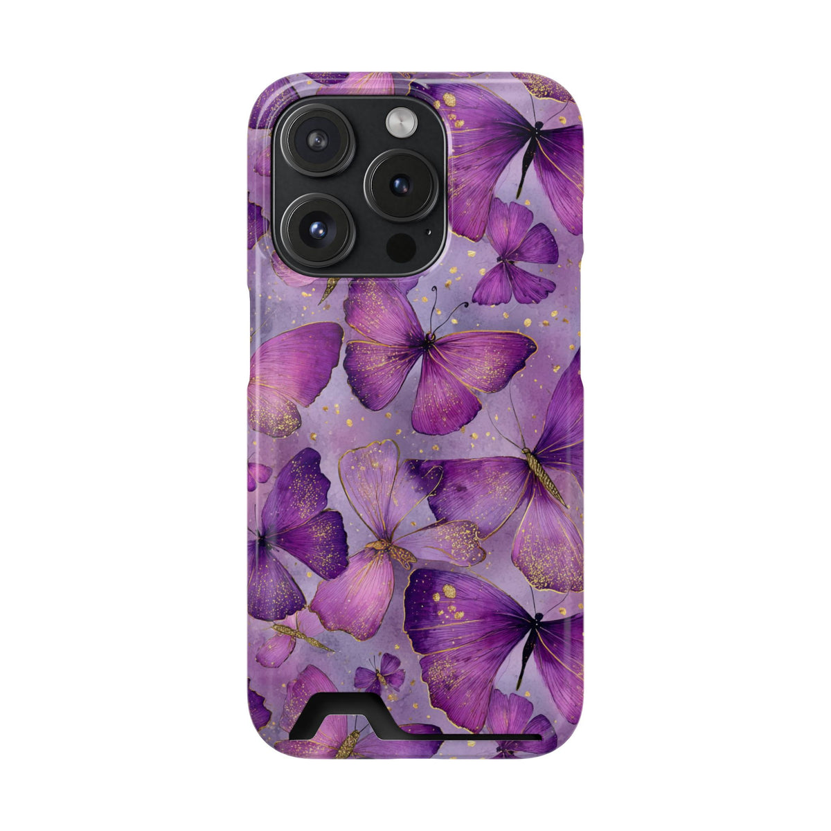 Violet Butterfly phone case with card holder for iPhone 15 Pro, glossy finish