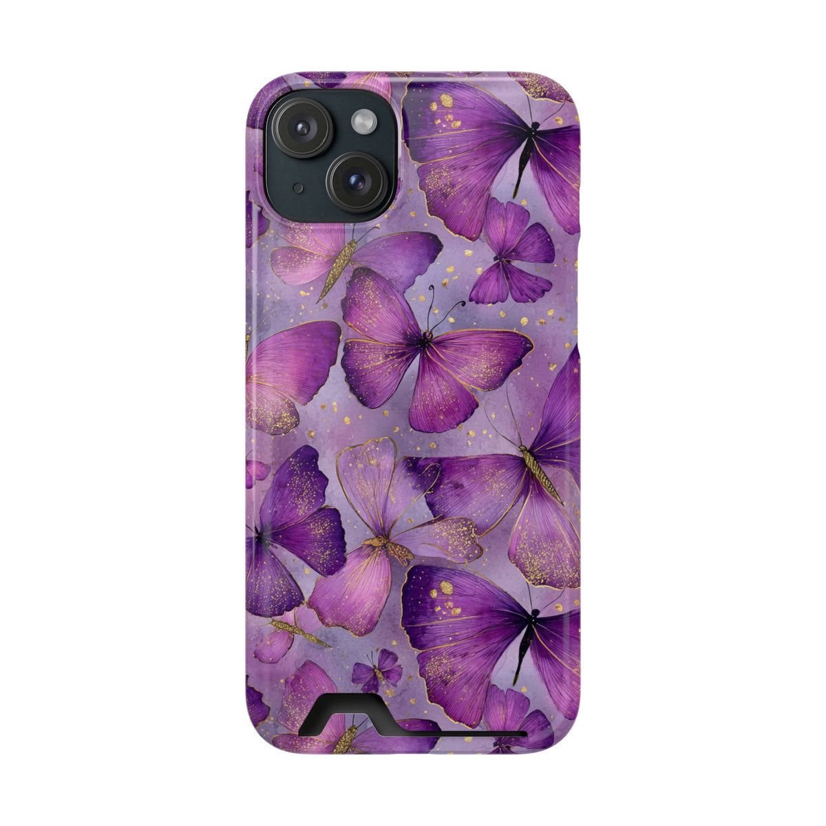 Violet Butterfly phone case with card holder for iPhone 15 Plus, glossy finish