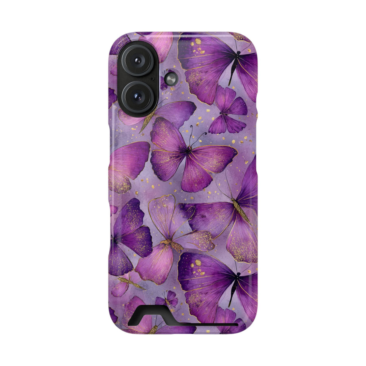 Violet Butterfly phone case with card holder for iPhone 16, glossy finish