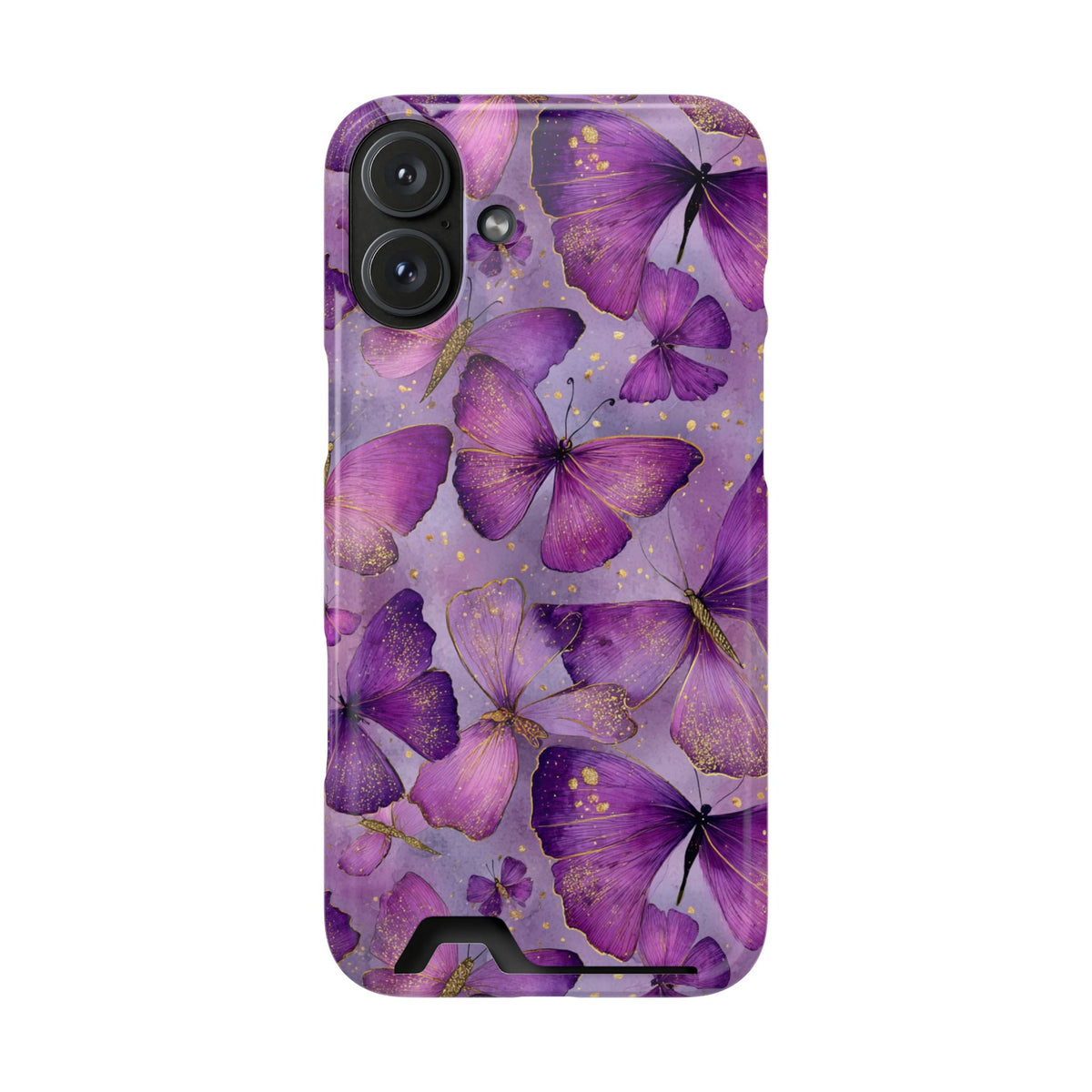 Violet Butterfly phone case with card holder for iPhone 16 Plus, glossy finish