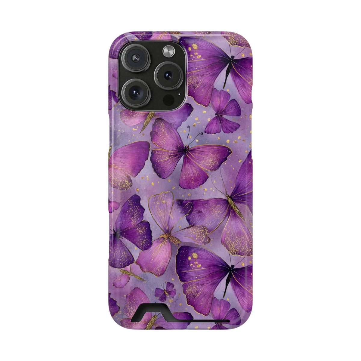 Violet Butterfly phone case with card holder for iPhone 16 Pro Max, glossy finish