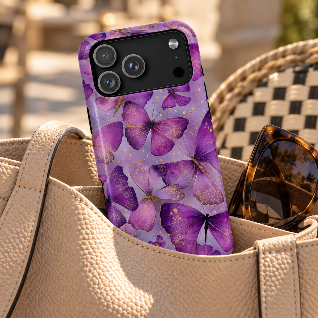 Violet Butterfly phone case with card holder, layered violet butterflies, lifestyle photo in a handbag