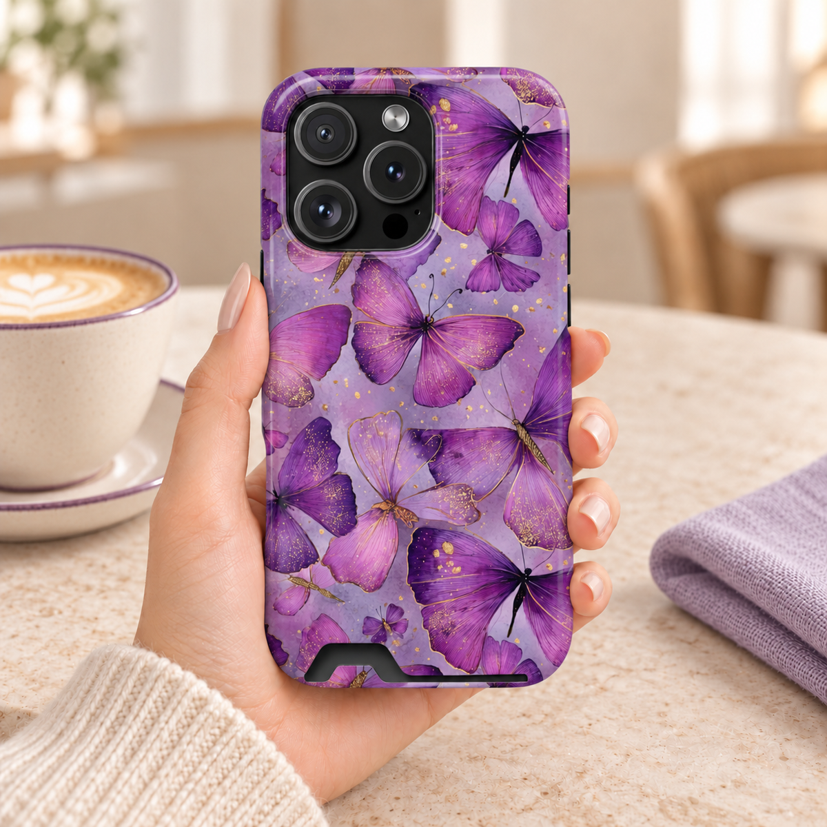 Violet Butterfly phone case with card holder, layered violet butterflies, lifestyle photo in hand with coffee