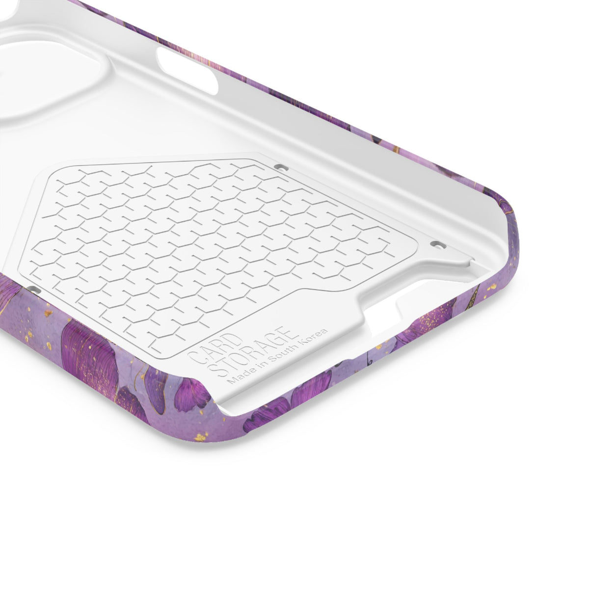 Violet Butterfly phone case with card holder for iPhone 13, glossy finish