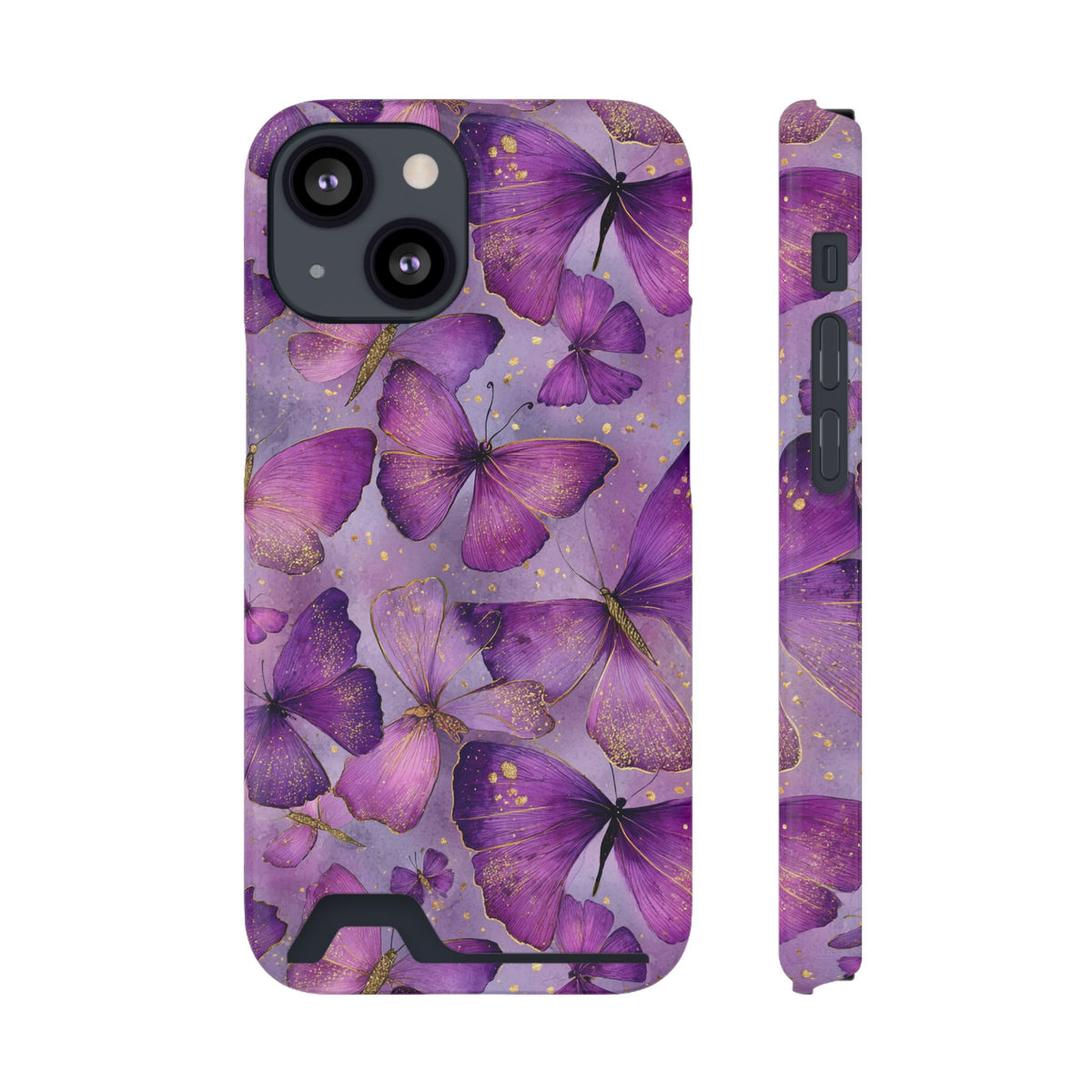 Violet Butterfly phone case with card holder for iPhone 13 Mini, glossy finish