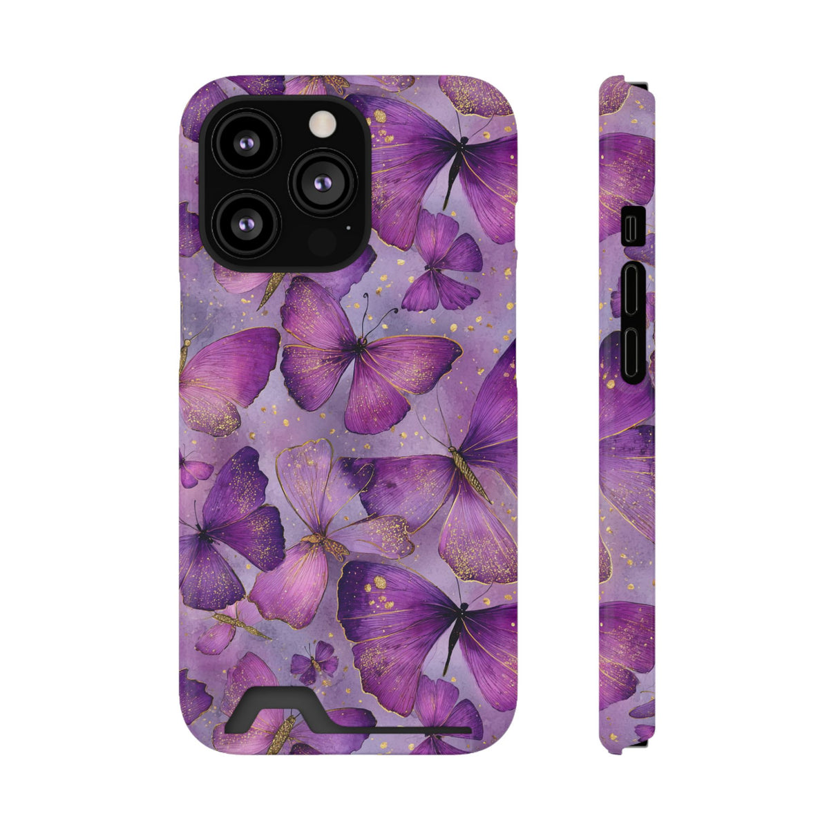 Violet Butterfly phone case with card holder for iPhone 13 Pro, glossy finish