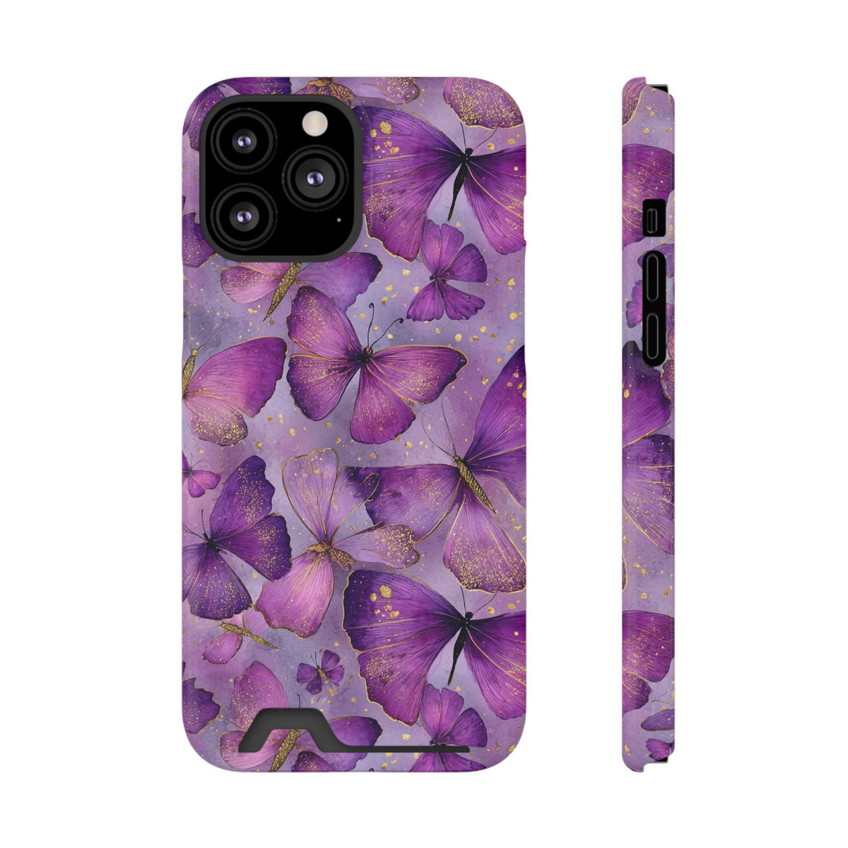 Violet Butterfly phone case with card holder for iPhone 13 Pro Max, glossy finish