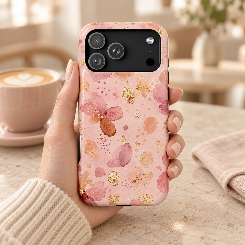 Watercolor Blossom protective phone case, blush watercolor blossoms with gold flecks, lifestyle photo in hand with coffee