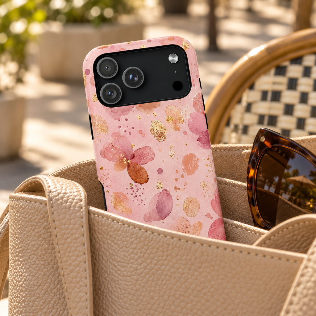 Watercolor Blossom MagSafe case, blush watercolor blossoms with gold flecks, lifestyle photo in a handbag