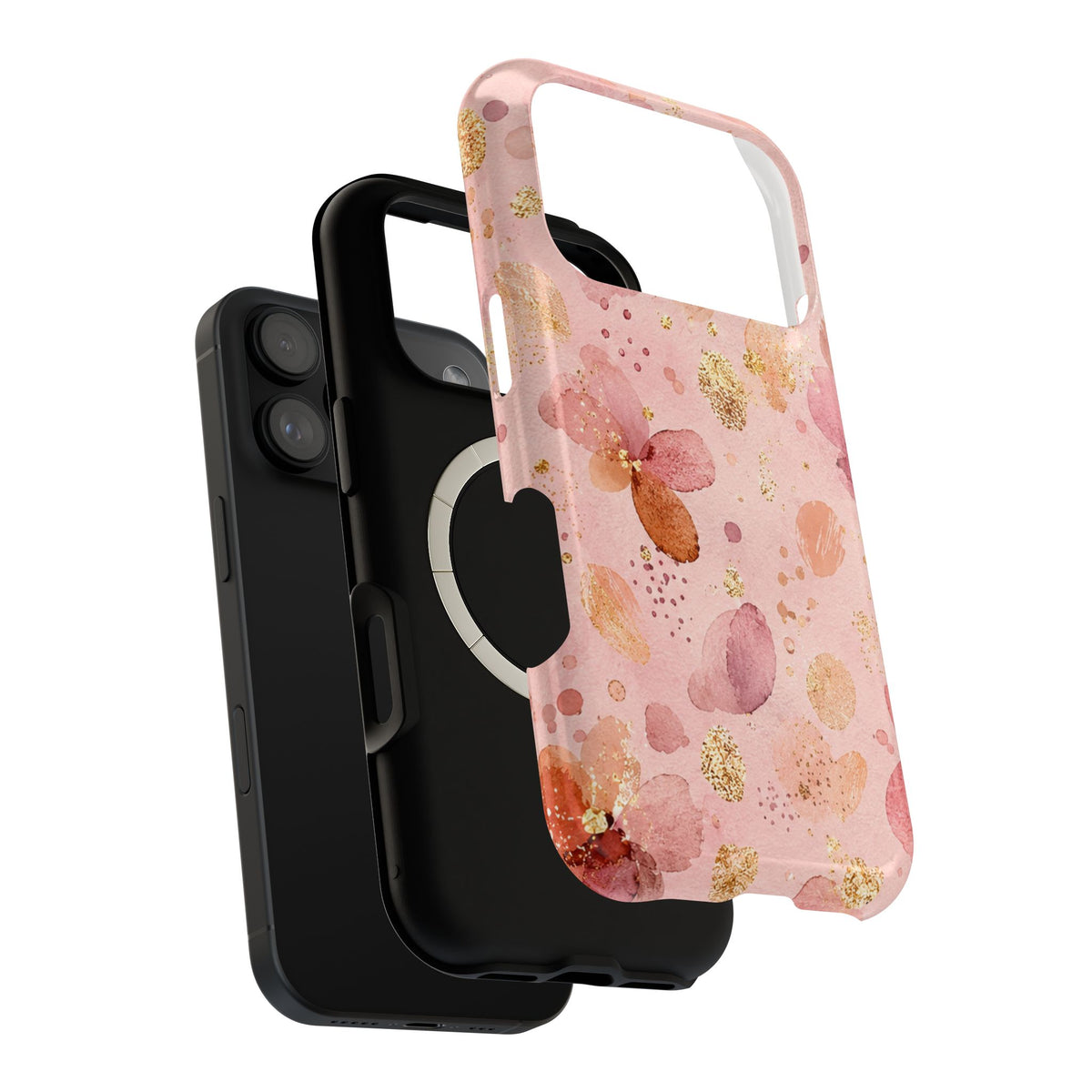Watercolor Blossom MagSafe case, close-up of the dual-layer construction