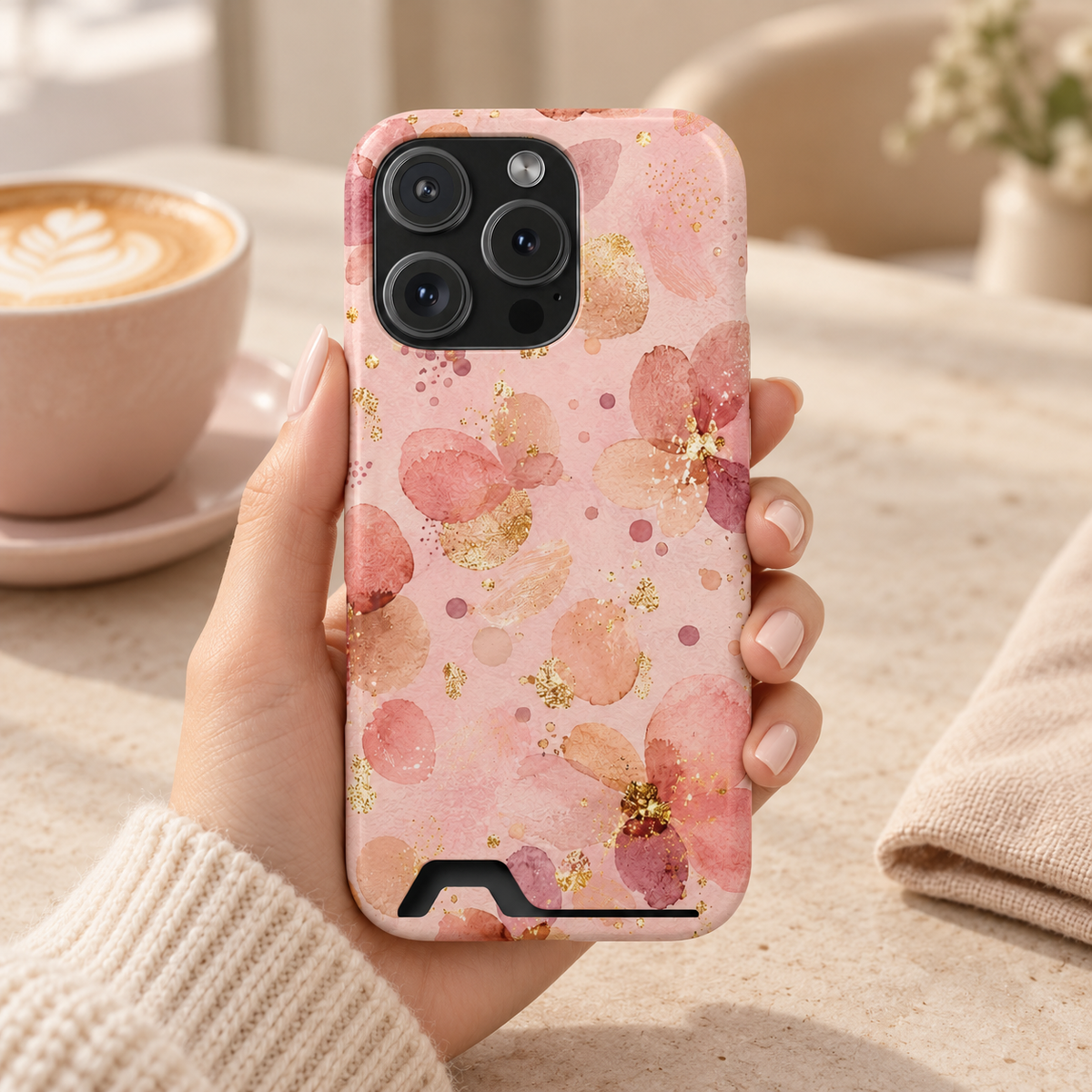 Watercolor Blossom phone case with card holder, blush watercolor blossoms with gold flecks, lifestyle photo in hand with coffee