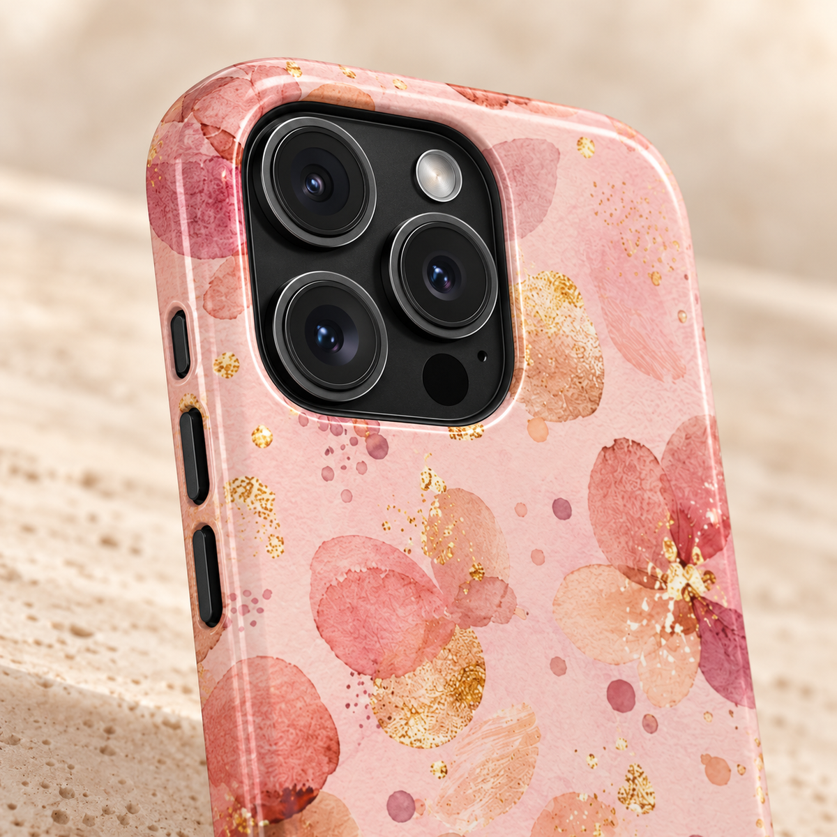 Watercolor Blossom phone case with card holder, blush watercolor blossoms with gold flecks, lifestyle close-up of the camera
