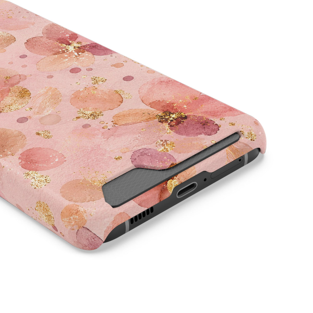 Watercolor Blossom phone case with card holder, close-up of the card slot