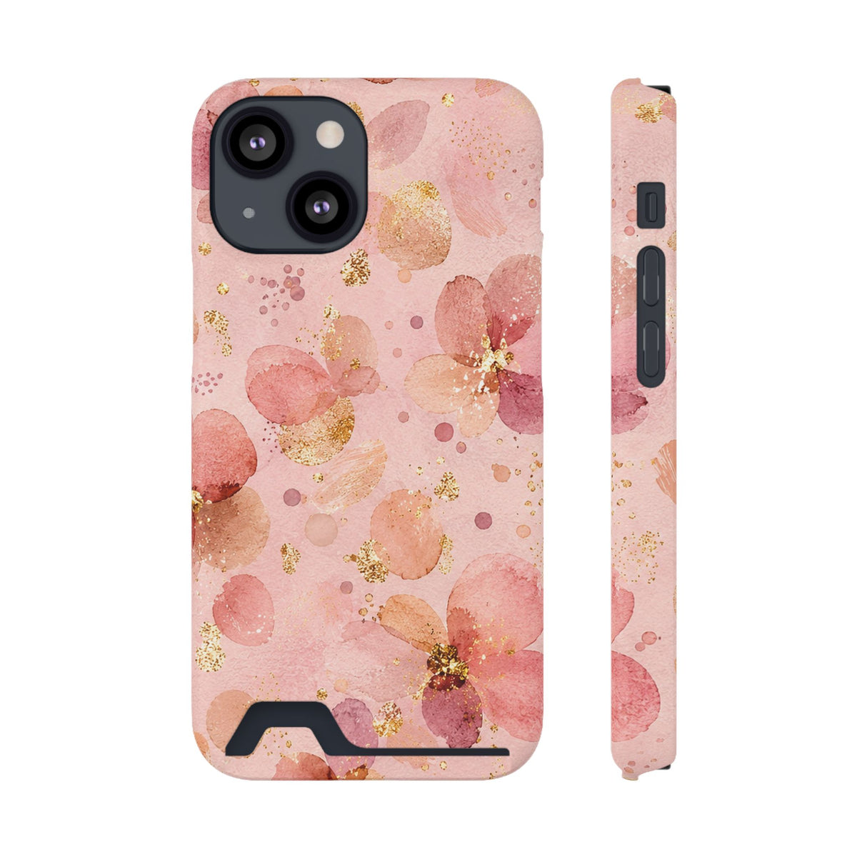 Watercolor Blossom phone case with card holder for iPhone 13 Mini, glossy finish