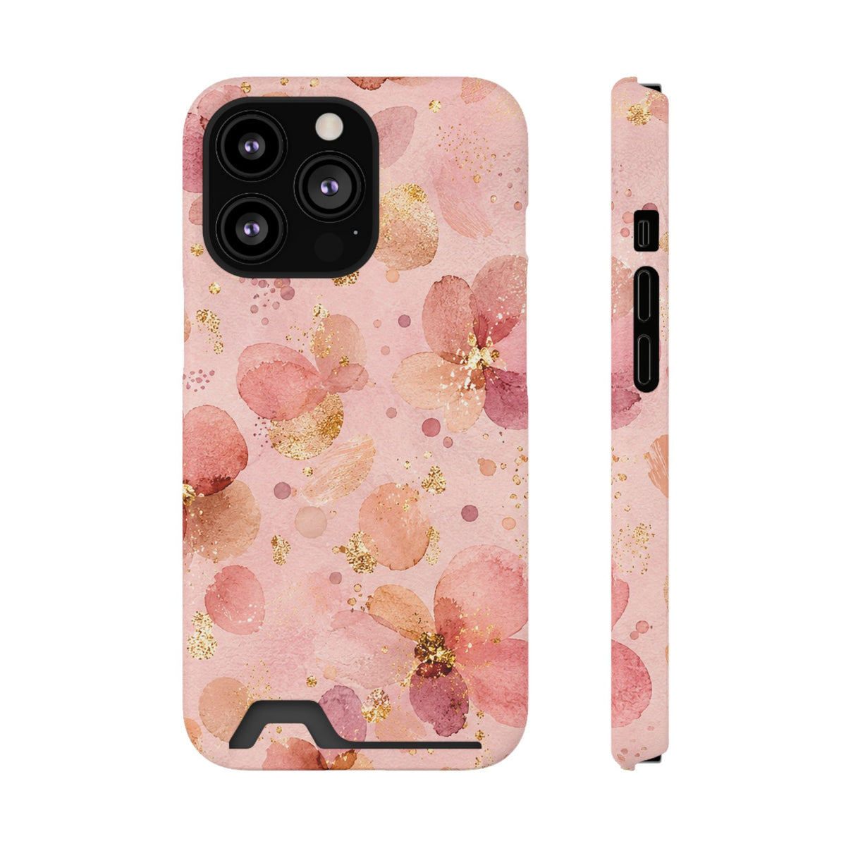 Watercolor Blossom phone case with card holder for iPhone 13 Pro, glossy finish