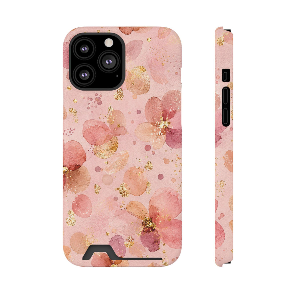 Watercolor Blossom phone case with card holder for iPhone 13 Pro Max, glossy finish